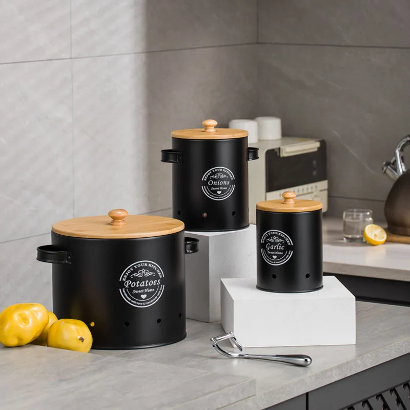 Food Storage Jars With Wooden Lids - Set di 3 Contenitori in Metallo,