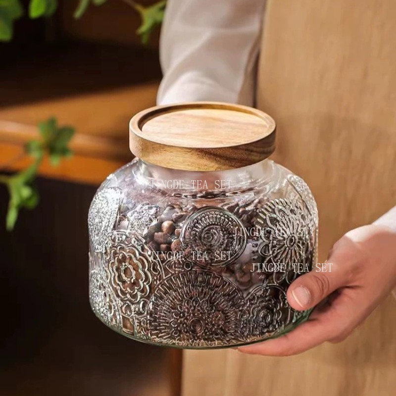 Food Storage Jars With Wooden Lids - Barattolo in Vetro Goffrato con Coperchio